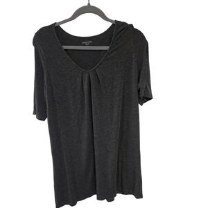 EILEEN FISHER Charcoal Gray V Neck Pleated Front 3/4 Sleeve Tunic Top L